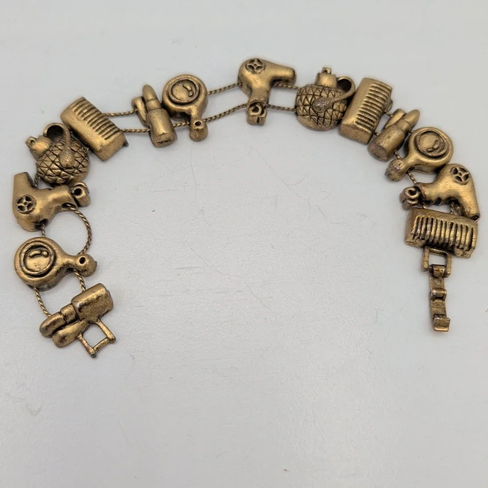 Vintage Gold Tone Hairdresser Salon Stylist Charm Bracelet Comb Mirror Dryer‎